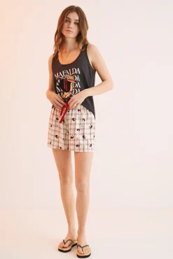 Women'secret Pijama Corto 100% Algodon Mafalda Negro Gris Discount