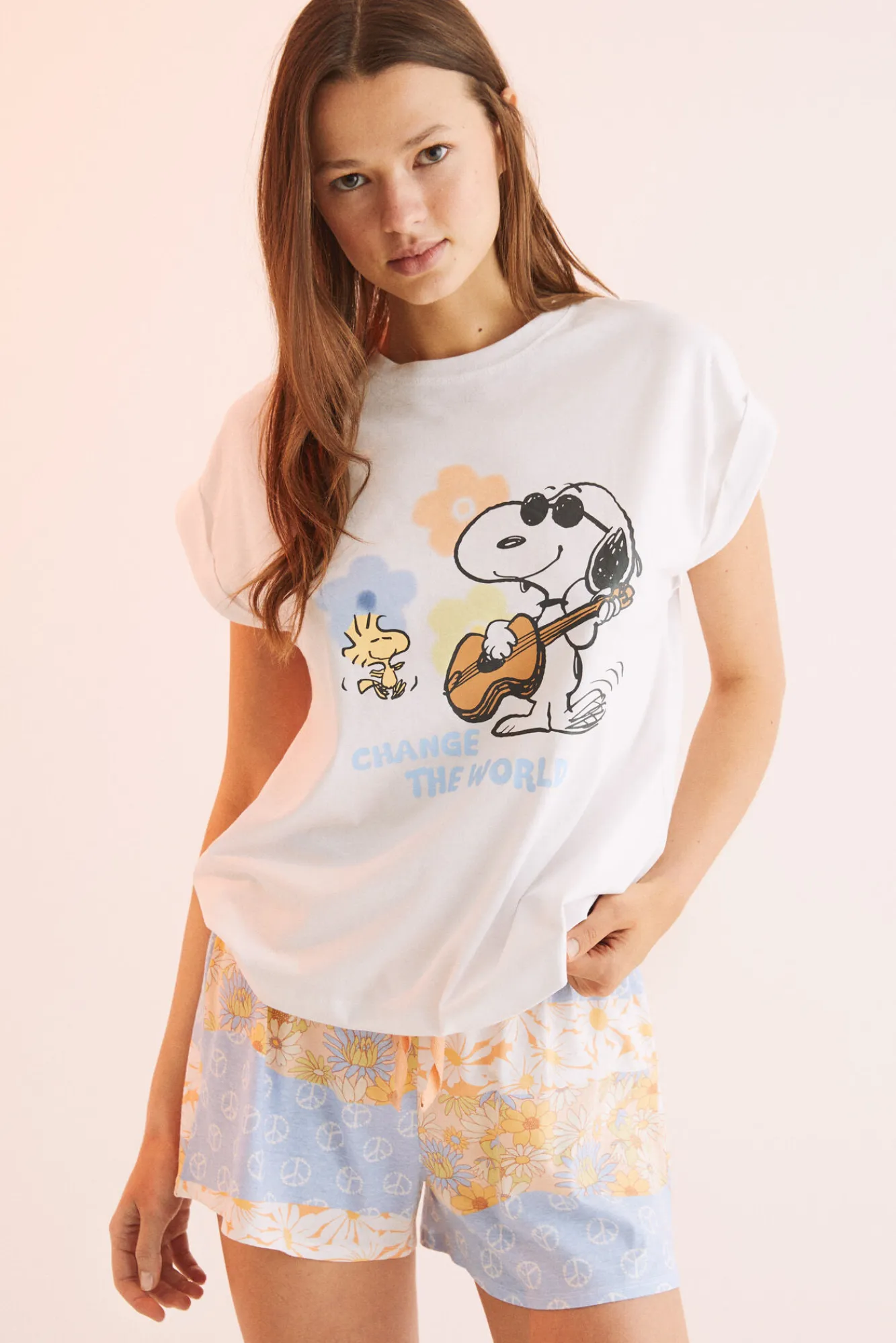Women'secret Pijama Corto 100% Algodon Snoopy Hippie Beige Clearance