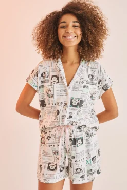 Women'secret Pijama Corto Camisero Algodon Mafalda Estampado New