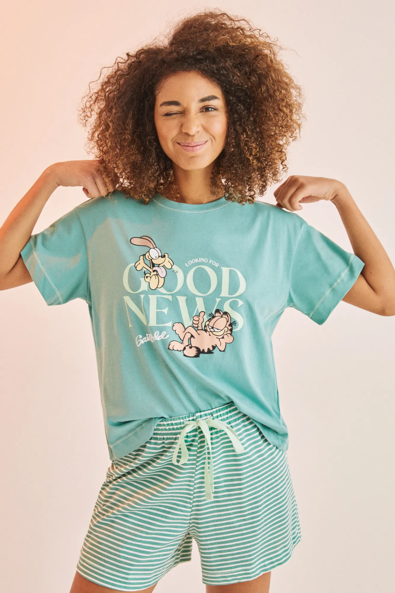 Women'secret Pijama Corto Rayas Garfield Verde Discount