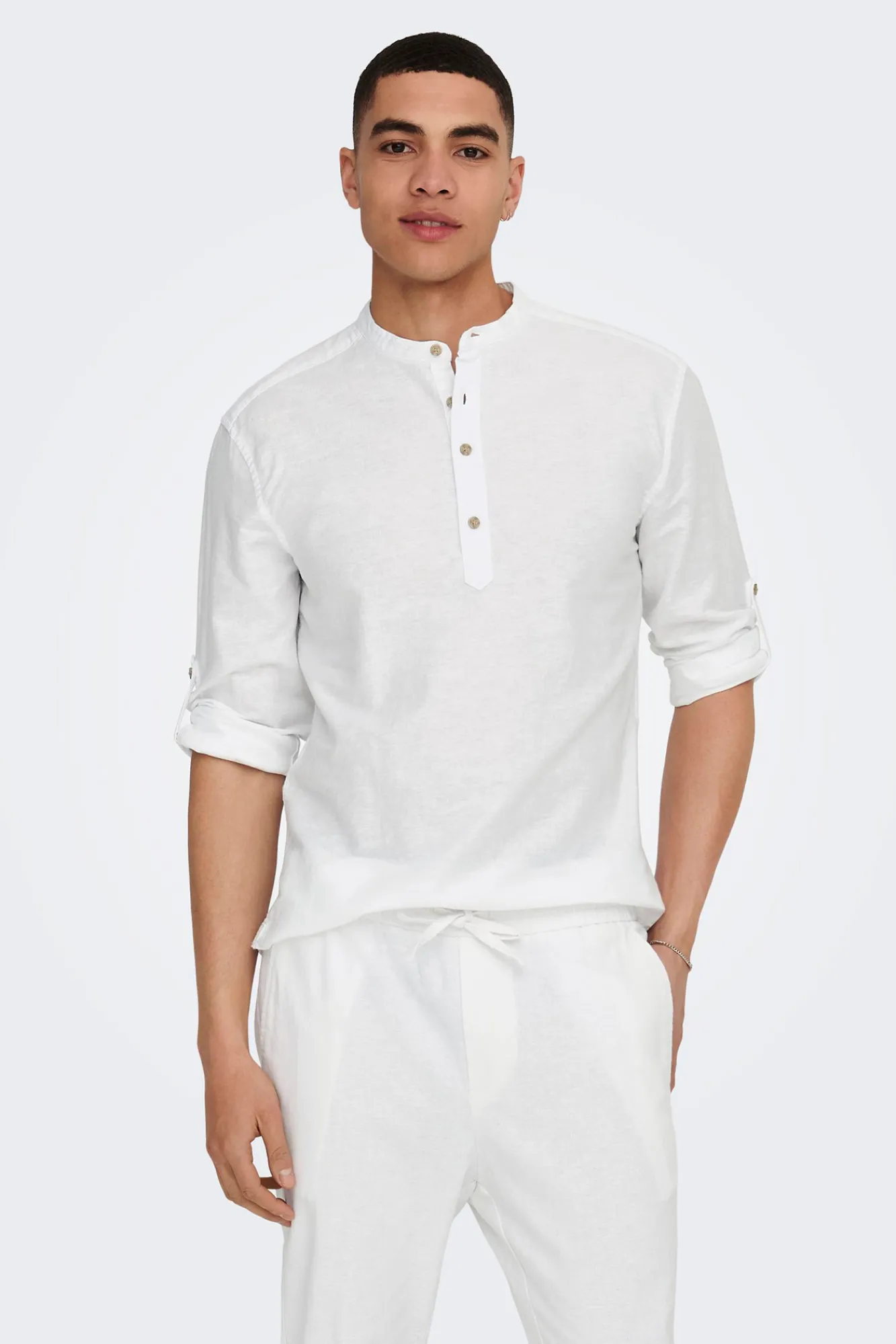 Only & Sons Polo Lino Cuello Mao Blanco Online