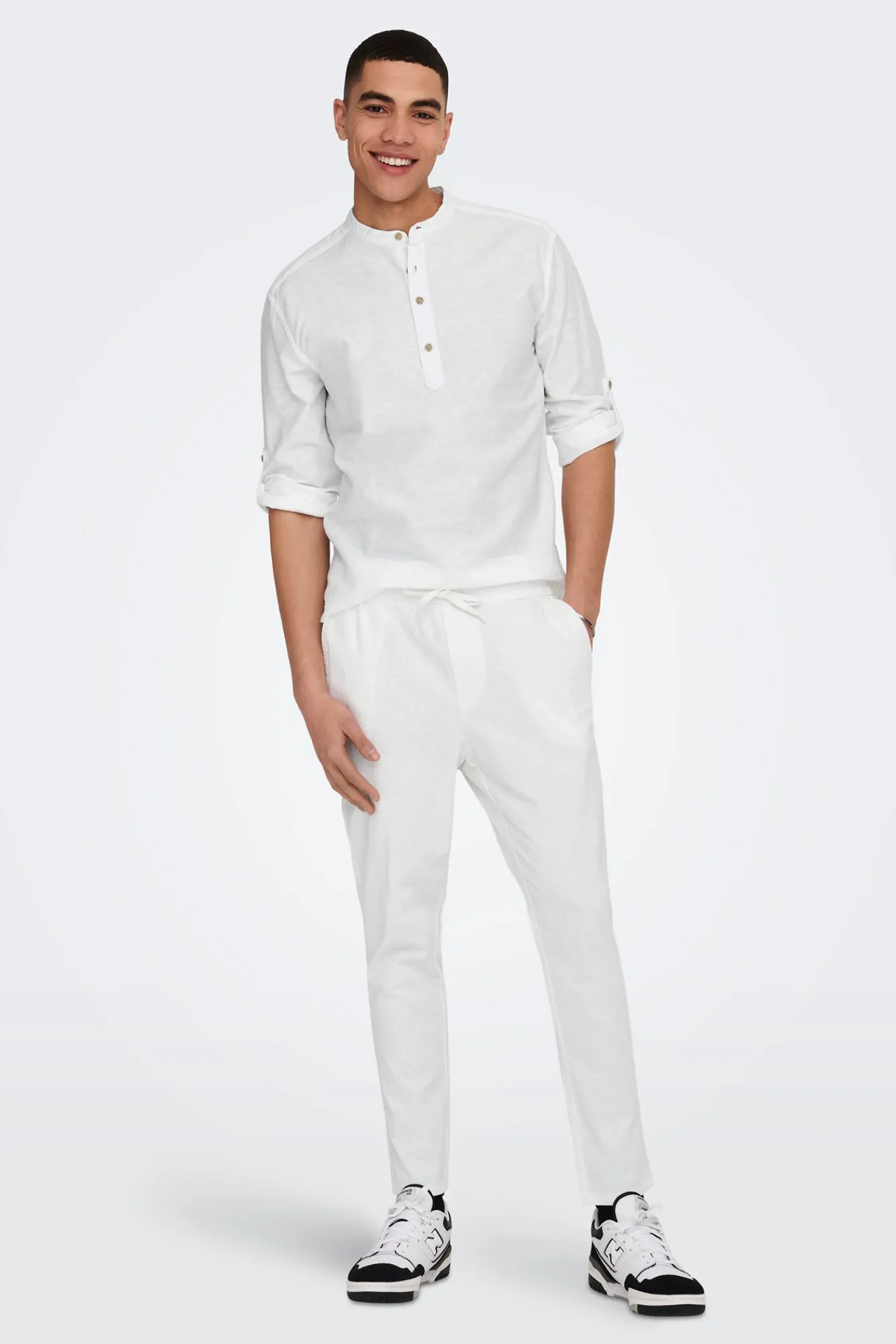Only & Sons Polo Lino Cuello Mao Blanco Online