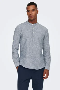 Only & Sons Polo Lino Cuello Mao Azul Medio Hot