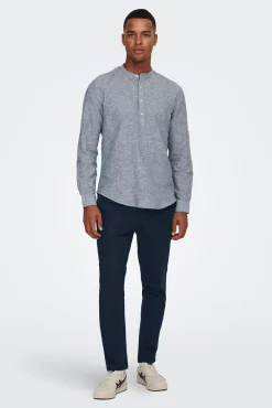 Only & Sons Polo Lino Cuello Mao Azul Medio Hot