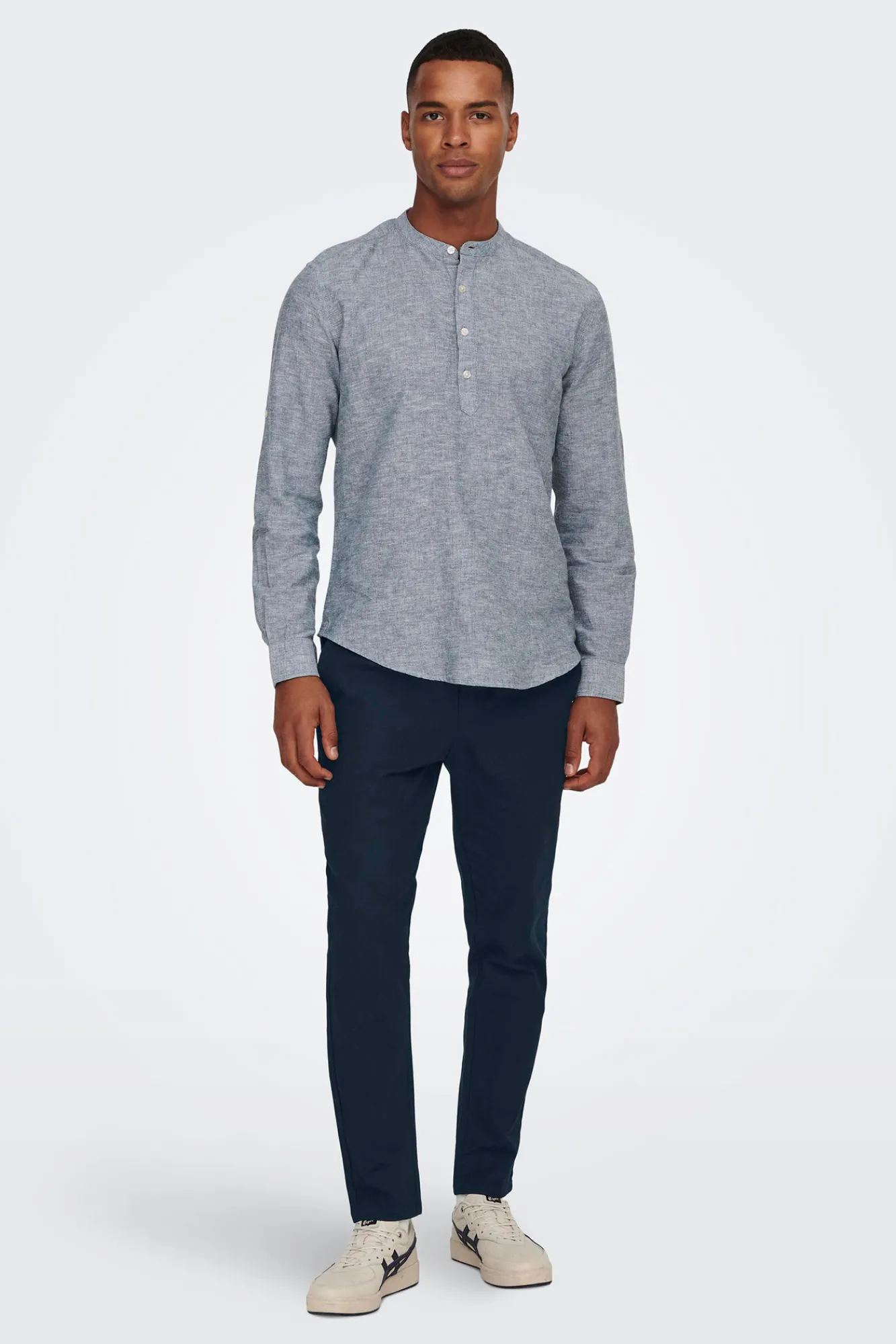 Only & Sons Polo Lino Cuello Mao Azul Medio Hot