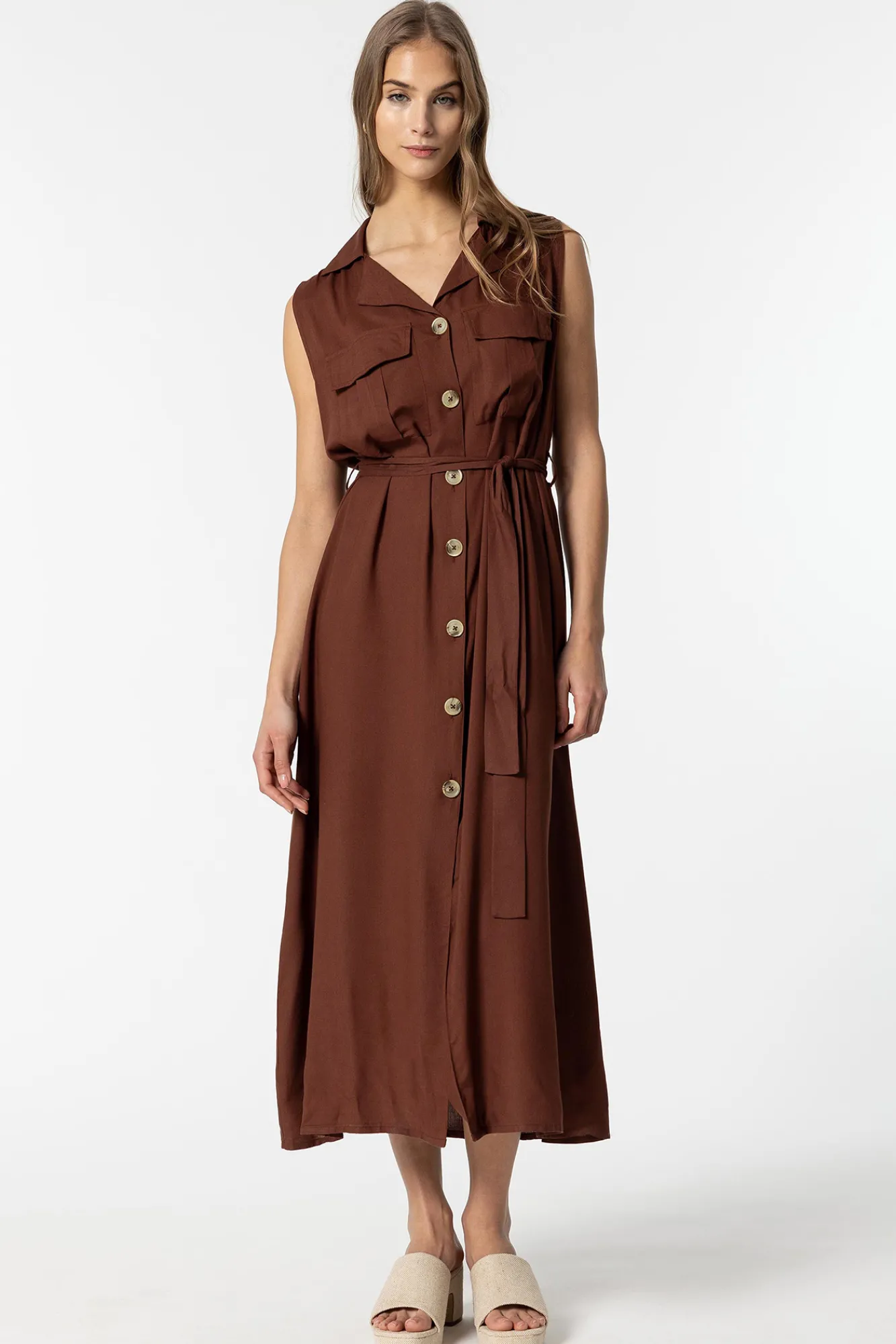 Tiffosi Vestido Camisero Con Cinturon Marron Medio Sale