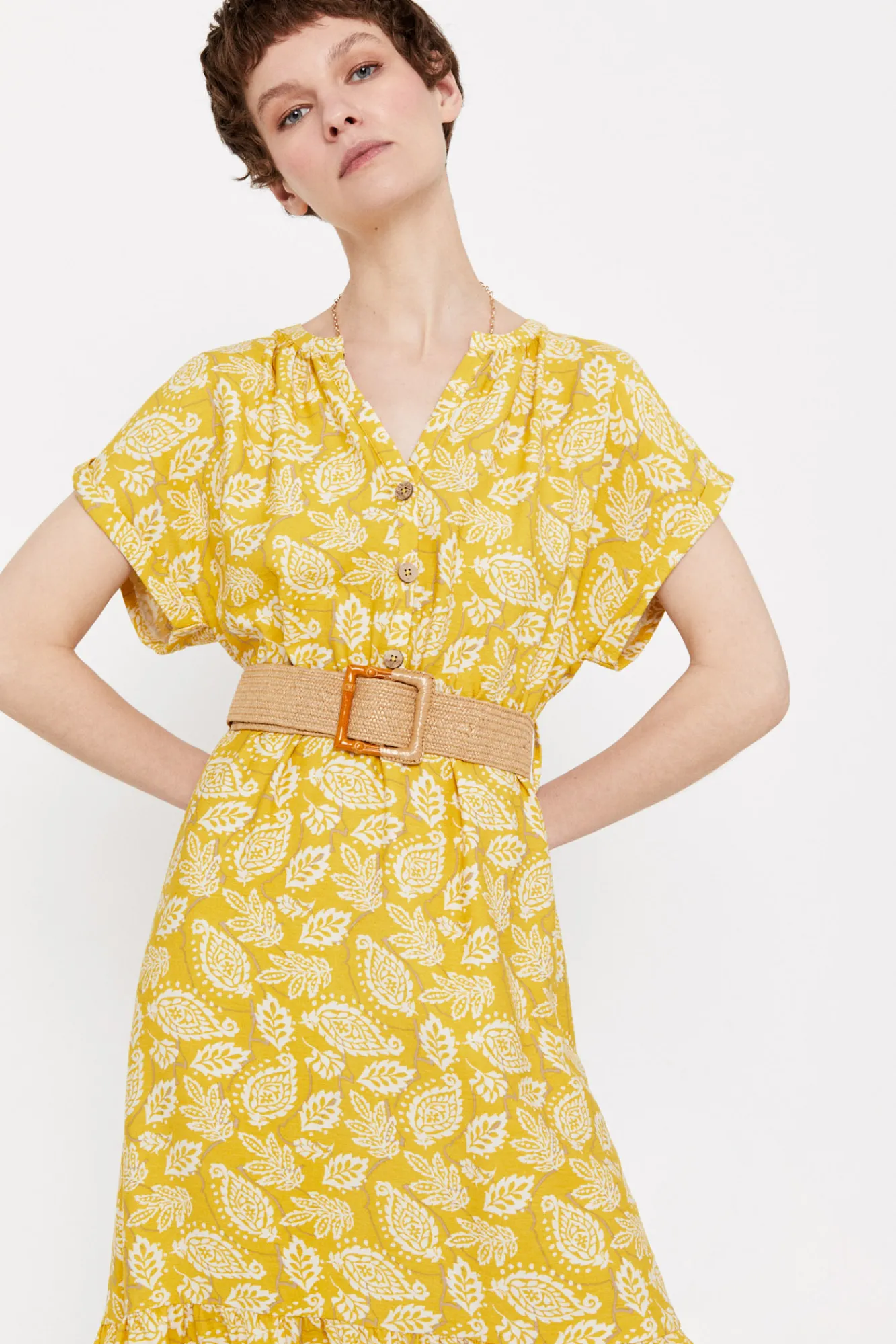 Cortefiel Vestido Confort Cinturon Estampado Amarillo Sale