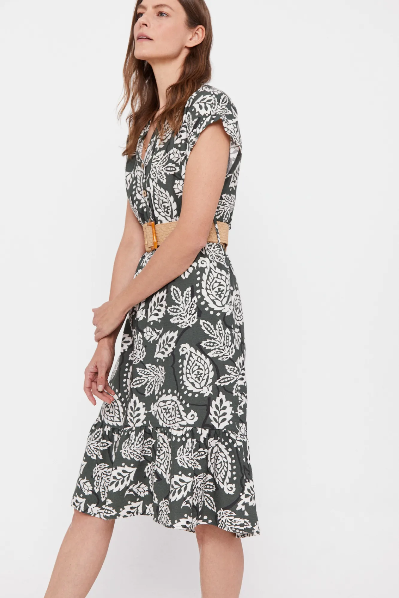 Cortefiel Vestido Confort Cinturon Estampado Verde Sale