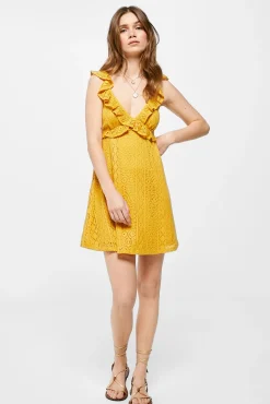 * Vestido Corto Crochet Escote Volante Dorado Sale