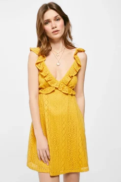 * Vestido Corto Crochet Escote Volante Dorado Sale