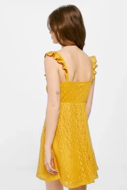 * Vestido Corto Crochet Escote Volante Dorado Sale