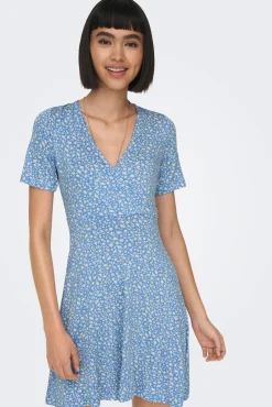 Only Vestido Corto Cuello Pico Azul Medio Best
