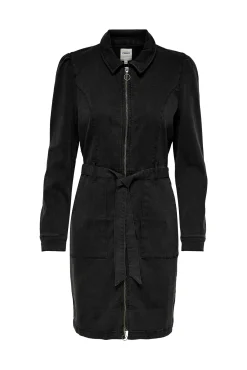 Only Vestido Corto Denim Manga Larga Negro Sale