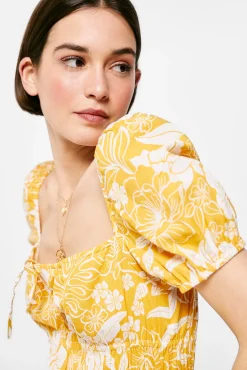 * Vestido Corto Estampado Lino Algodon Estampado Amarillo Outlet