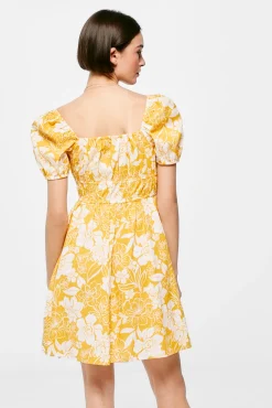 * Vestido Corto Estampado Lino Algodon Estampado Amarillo Outlet