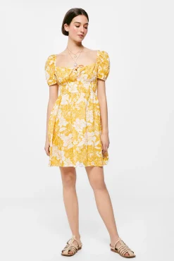 * Vestido Corto Estampado Lino Algodon Estampado Amarillo Outlet