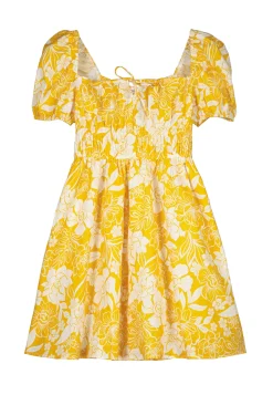 * Vestido Corto Estampado Lino Algodon Estampado Amarillo Outlet