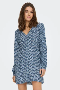 Only Vestido Corto Estampado Manga Larga Azul Medio Online