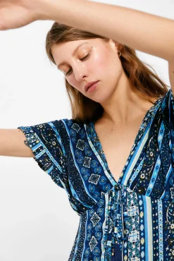 * Vestido Corto Flores Cenefa Estampado Azul Outlet