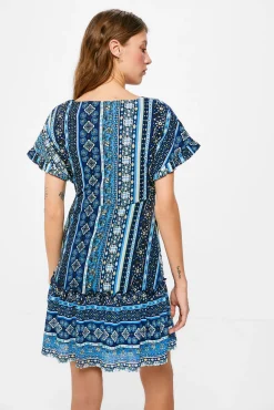 * Vestido Corto Flores Cenefa Estampado Azul Outlet
