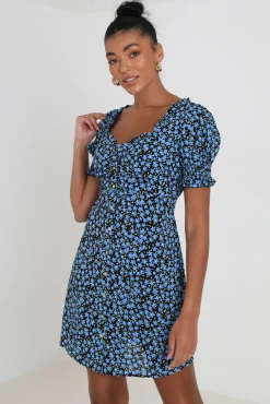 Brave Soul Vestido Corto Fruncido Con Botones Y Print Floral Estampado Azul Outlet