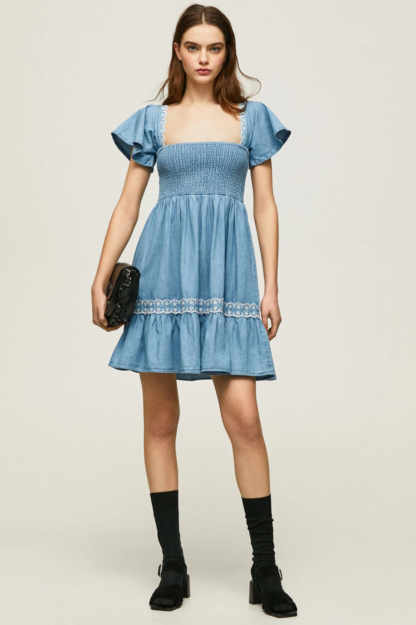 Pepe Jeans Vestido Corto Fruncido En El Pecho. Azul Oscuro New