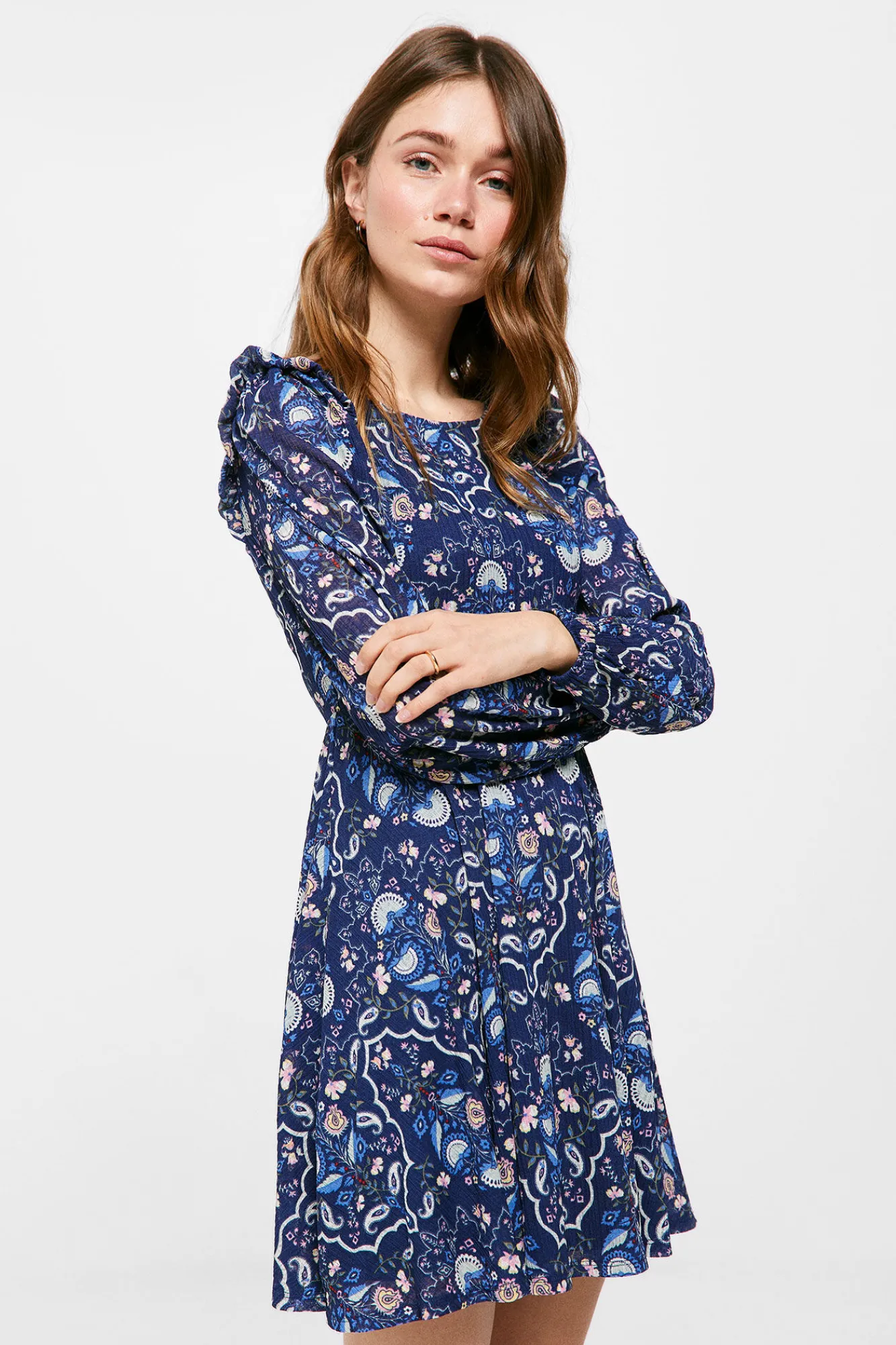 * Vestido Corto Hombros Volante Navy Discount