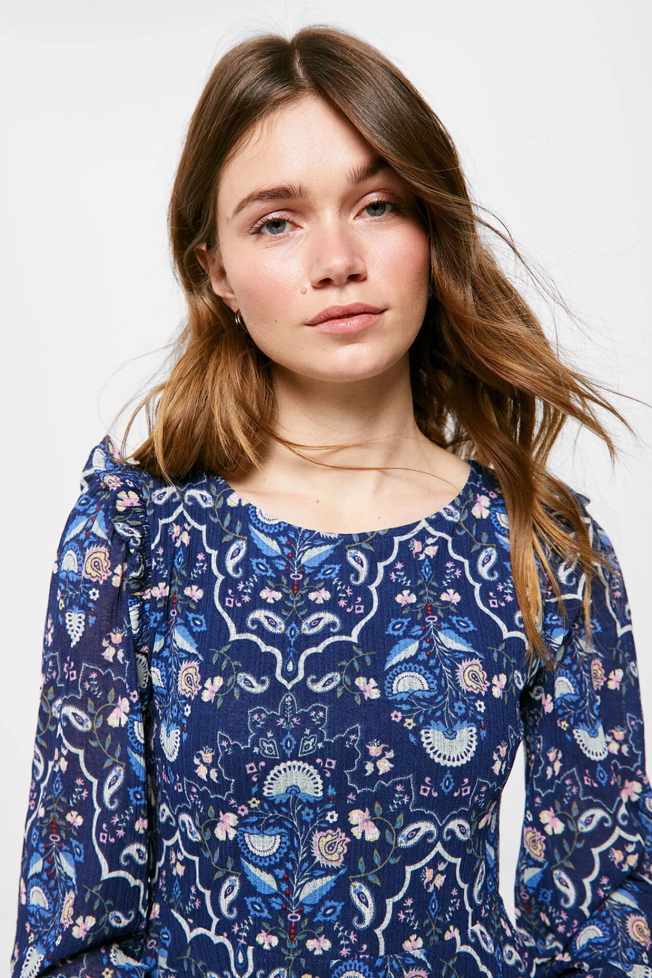 * Vestido Corto Hombros Volante Navy Discount