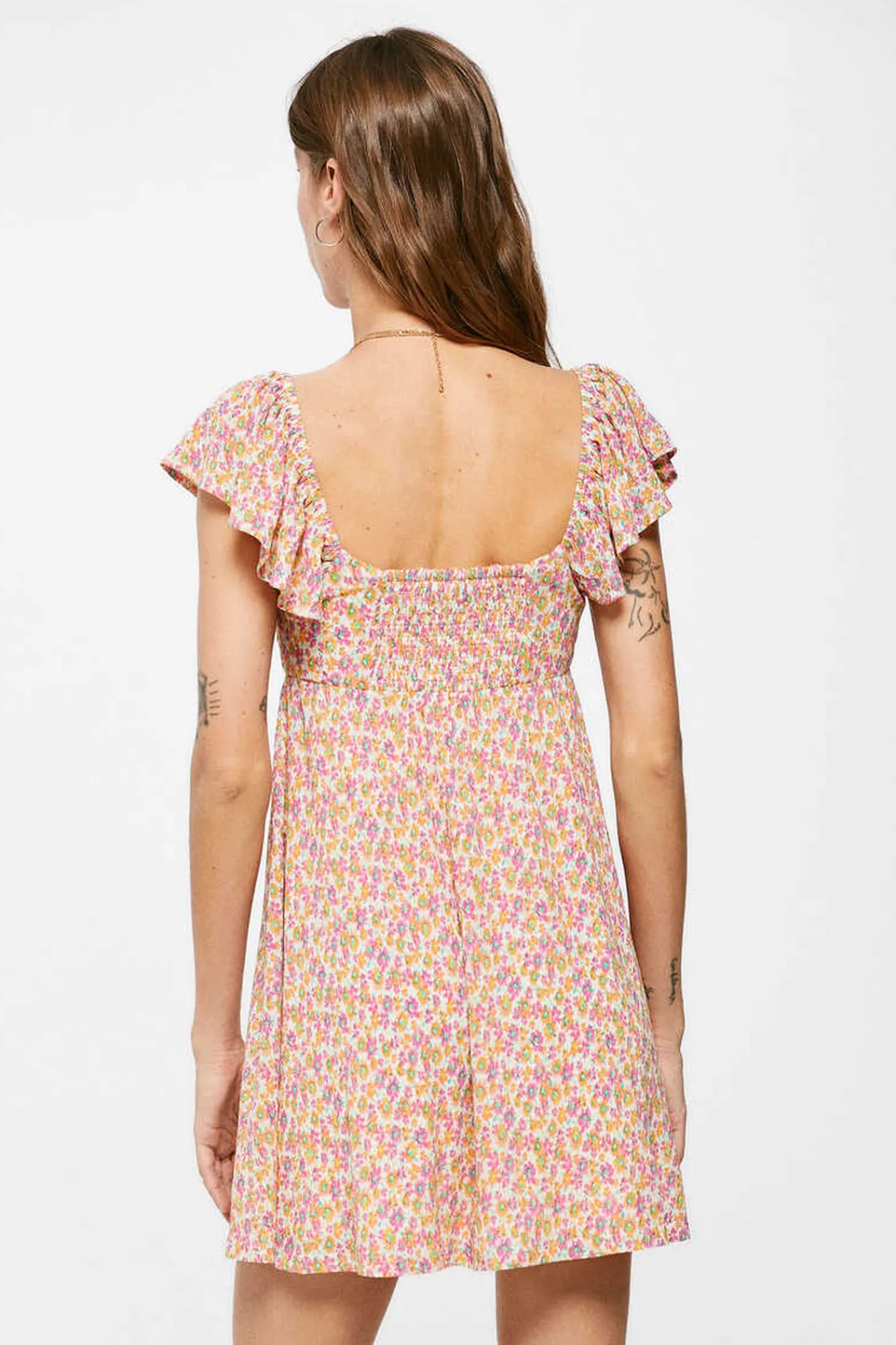 * Vestido Corto Tirante Volante Estamapado Naranja Clearance
