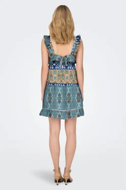Only Vestido Corto Tirantes Con Volante Azul Medio Sale
