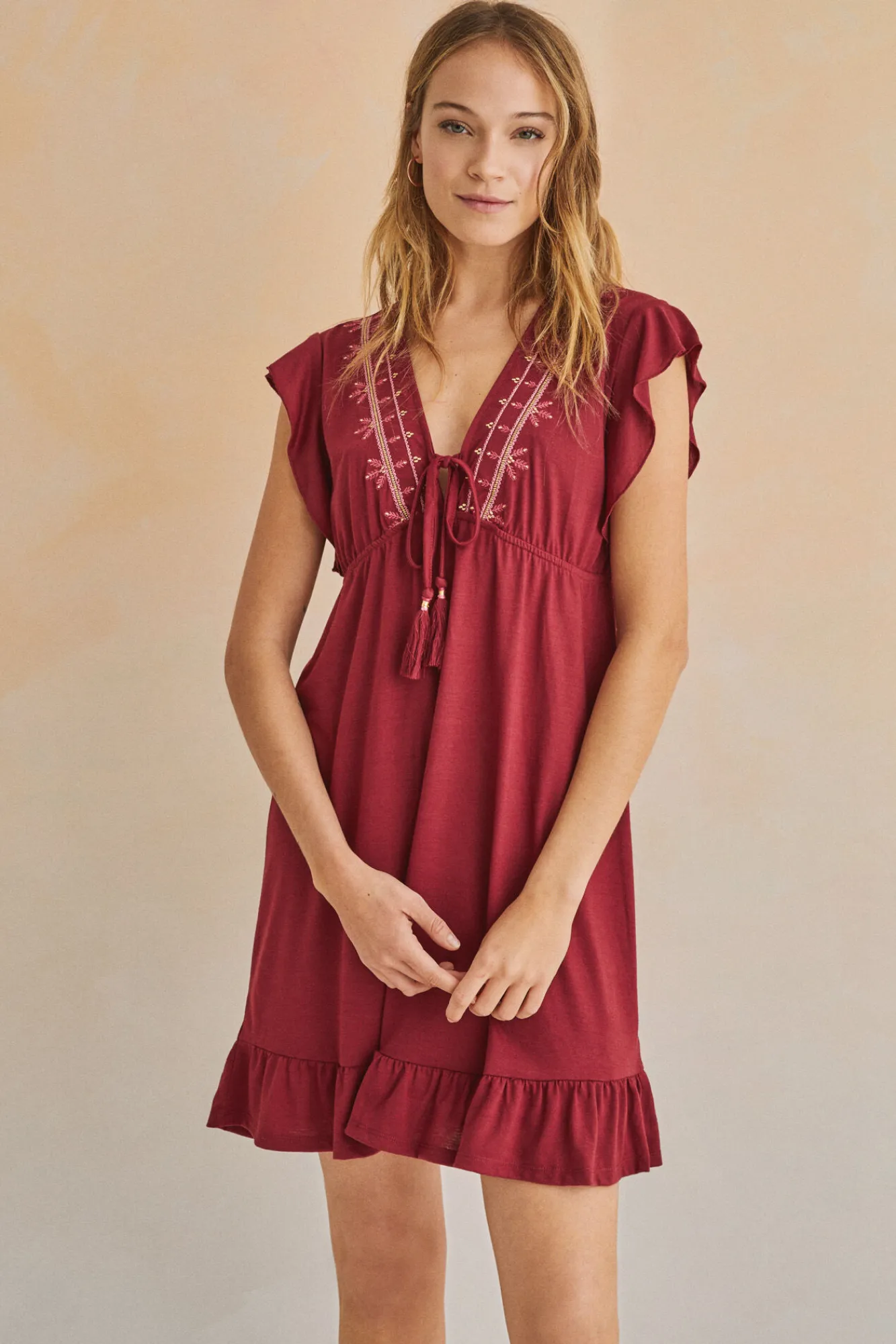 Women'secret Vestido Corto Volantes Granate Naranja Hot
