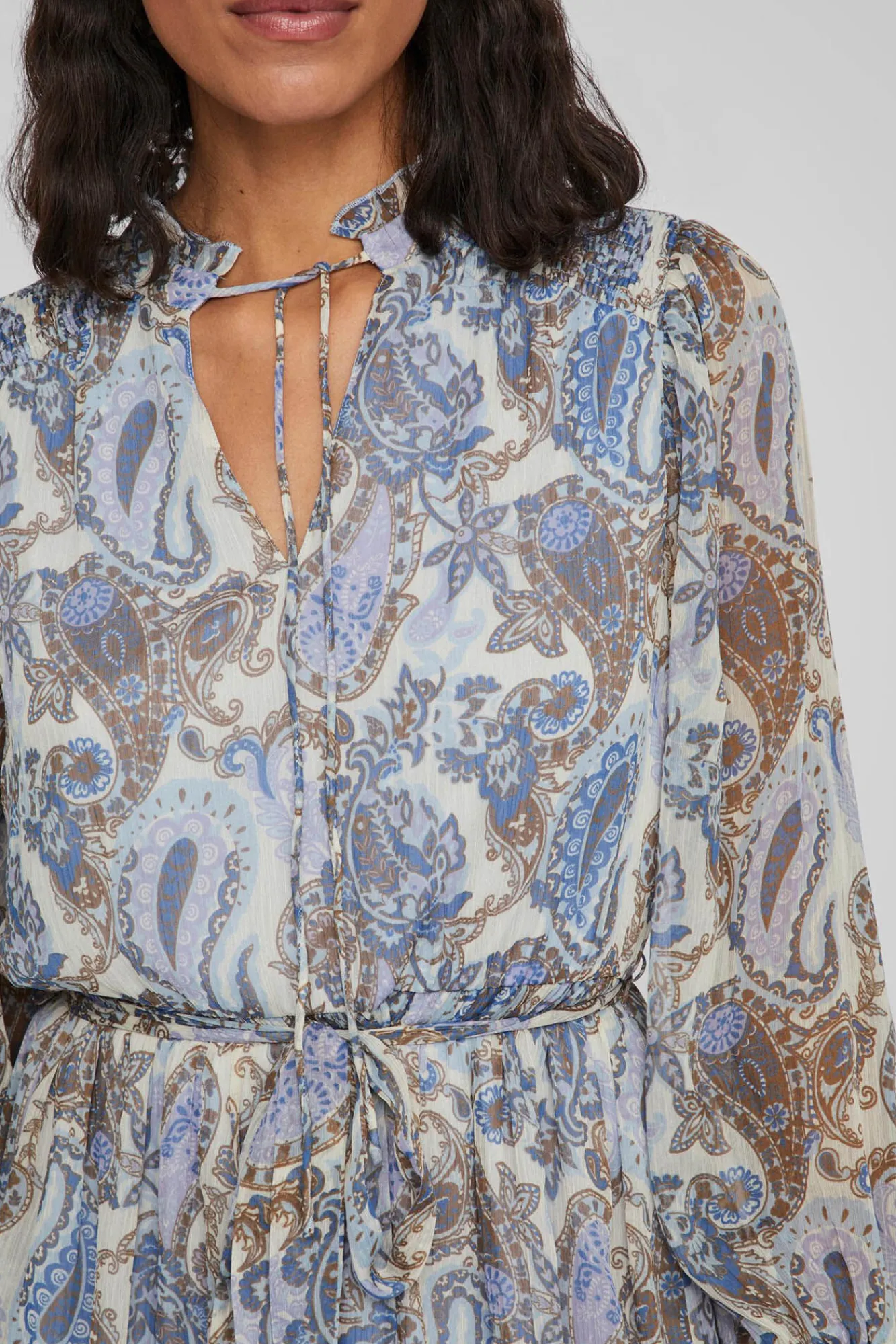 Vila Vestido De Manga Larga Corto Paisley Gris Hot