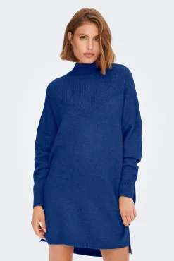 Only Vestido De Punto Cuello Perkins Azul Medio