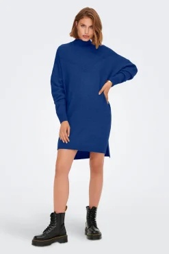 Only Vestido De Punto Cuello Perkins Azul Medio