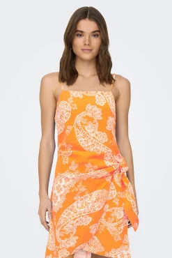 Only Vestido Detalle Lazo Con Lino Naranja New