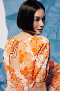 * Vestido Escote Espalda Lino Algodon Naranja Online