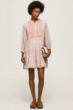 Pepe Jeans Vestido Estampado Corto Con Manga Larga. Multicolor New