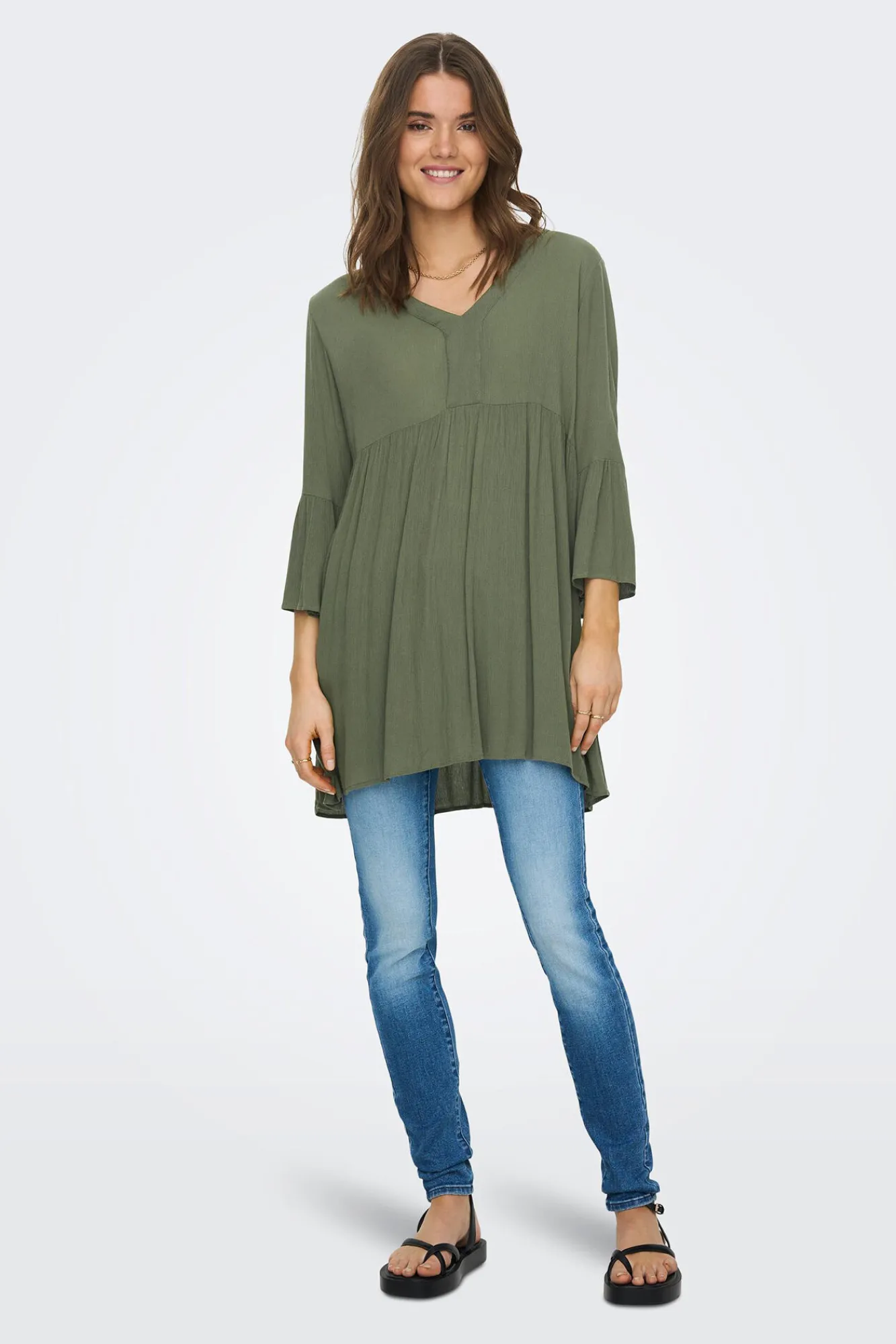Only Vestido Fluido Media Manga Verde Discount