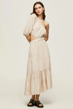 Pepe Jeans Vestido Largo Asimetrico De Lino. Beige Sale