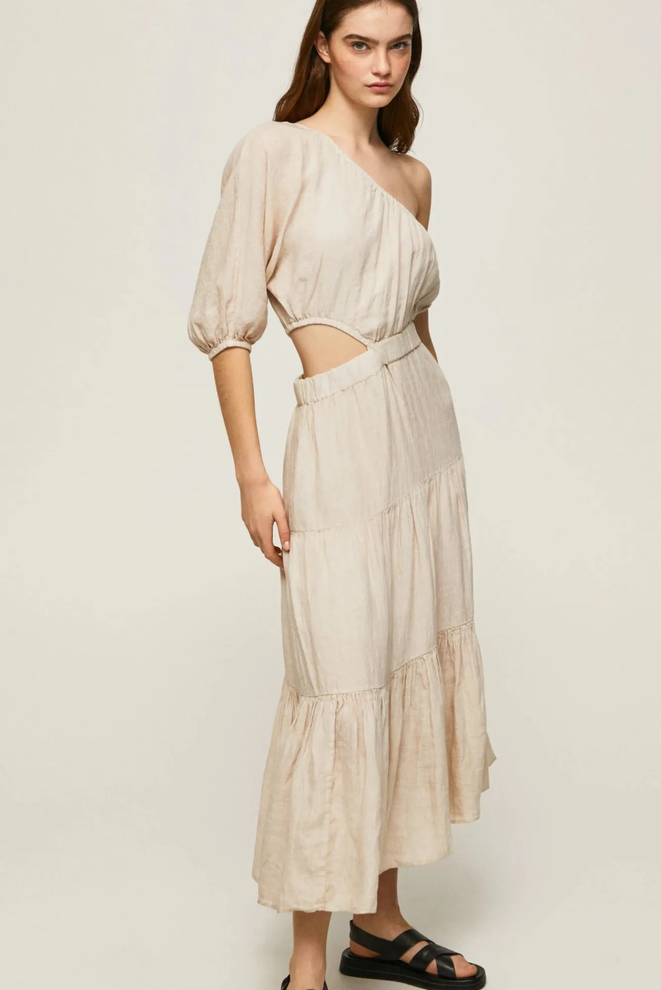 Pepe Jeans Vestido Largo Asimetrico De Lino. Beige Sale