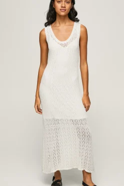 Pepe Jeans Vestido Largo Con Lino Manga Corta Fluido. Blanco Discount