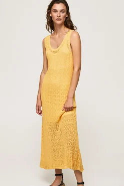 Pepe Jeans Vestido Largo Con Lino Manga Corta Fluido. Dorado Outlet