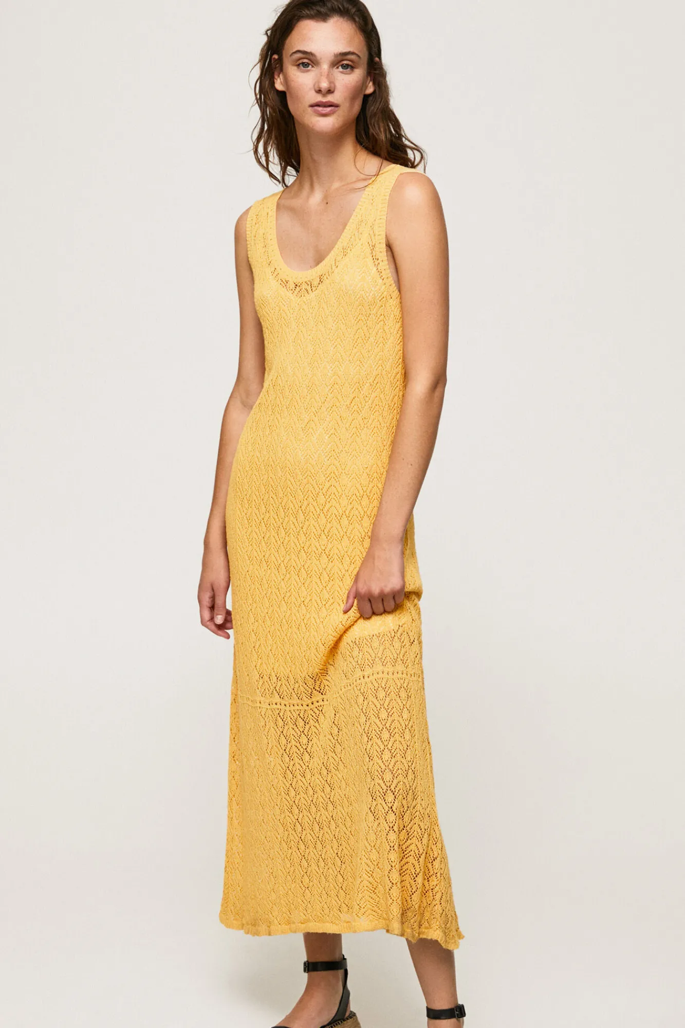 Pepe Jeans Vestido Largo Con Lino Manga Corta Fluido. Dorado Outlet