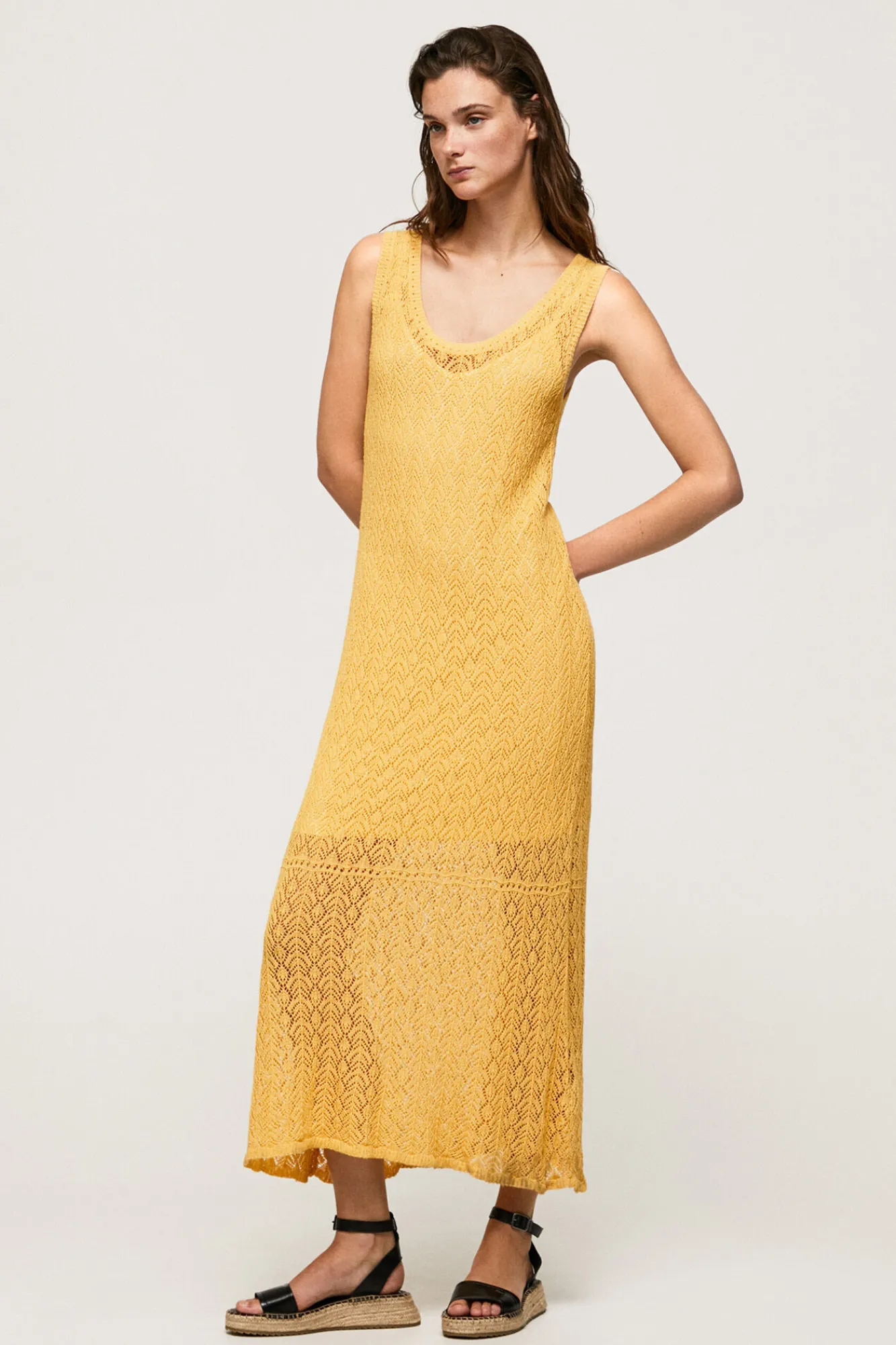 Pepe Jeans Vestido Largo Con Lino Manga Corta Fluido. Dorado Outlet
