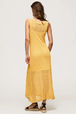 Pepe Jeans Vestido Largo Con Lino Manga Corta Fluido. Dorado Outlet