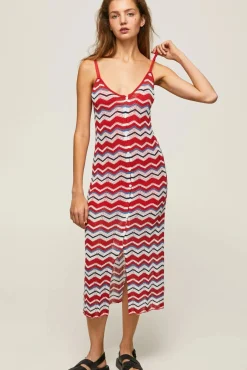 Pepe Jeans Vestido Largo Con Lino Y  Tirantes Zig Zag. Rojo Online