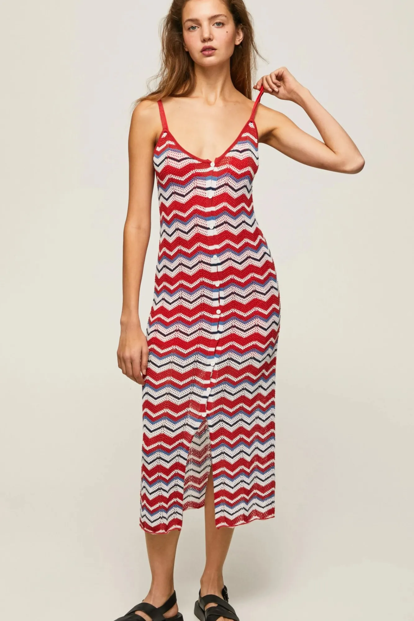 Pepe Jeans Vestido Largo Con Lino Y Tirantes Zig Zag. Rojo Online