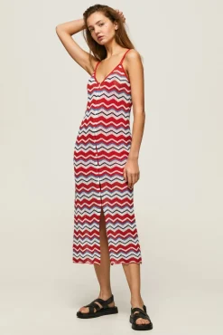 Pepe Jeans Vestido Largo Con Lino Y Tirantes Zig Zag. Rojo Online