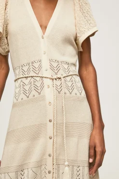 Pepe Jeans Vestido Largo Con Manga Corta Con Lino Marron Sale