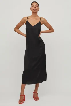 Vila Vestido Largo De Tirantes Satinado Negro Clearance